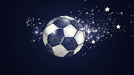 A high-tech soccer ball, crafted from interconnected lines and glowing elements, moves across a starry, dark blue background filled with geometric shapes.








