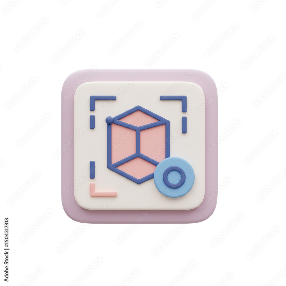 Poster augmented reality scanning interface icon depicting a cube inside a frame with visual tracking eleme