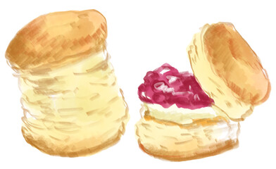 焼きたてで美味しそうなクリームとジャムを挟んだスコーンの手描き水彩イラスト