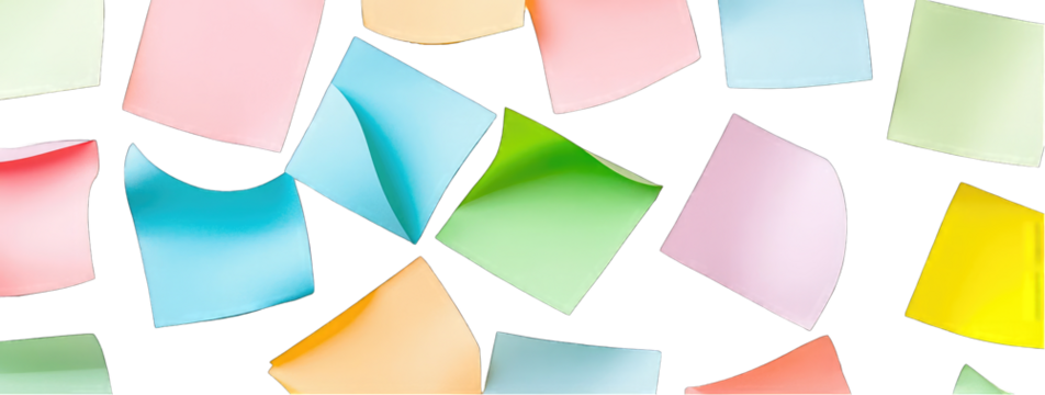 Pastel-colored squares overlap on a black background, creating a dynamic and playful composition