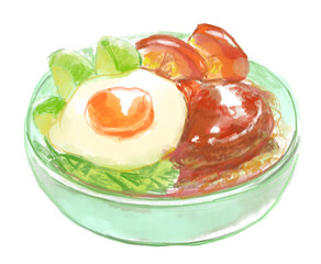 美味しそうなロコモコ丼の水彩イラスト(透過PNG)