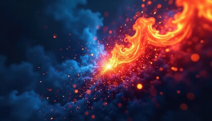 Fototapeta premium Fiery blue and red inferno clashing in dark void, sparks fly , graphic, night, mythical