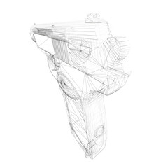 A gun is shown in a black and white drawing. The gun is a handgun and is positioned in the middle of the image. The drawing is of a very abstract nature, with the gun appearing to be made of paper