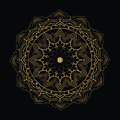 Detailed Golden Mandala Design on Black Background Symmetrical Art, Decorative Ornament Pattern