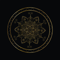 Detailed Golden Mandala with Floral Motifs and Geometric Border Against Black Background