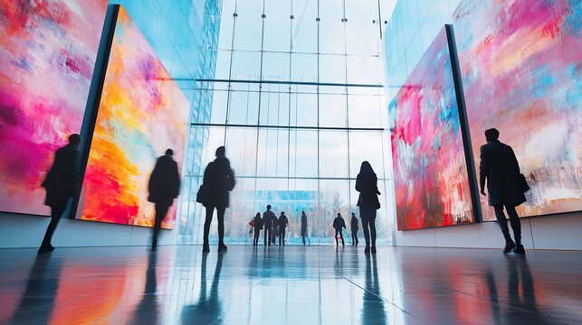 Visitors admire abstract art in modern museum with reflective surfaces and vast windows
