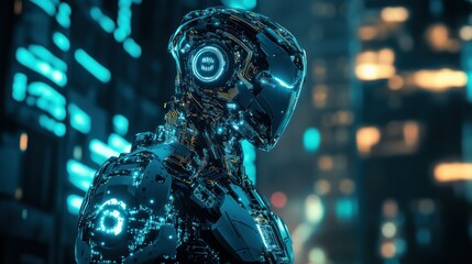 Fototapeta premium High-tech robot soldiers with glowing wires and circuits, background wallpaper AI generated image