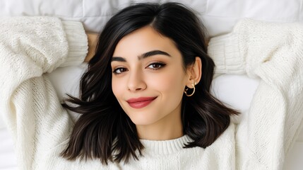 Relaxed woman with white sweater and soft smile lying on white bed directly to camera