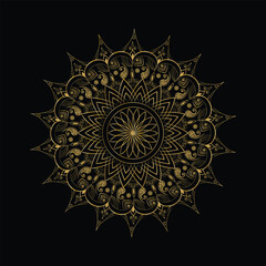 Intricate Golden Mandala Design with Paisleys and Floral Patterns on Black Background