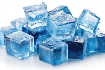pile of glistening ice cubes reflecting light and hinting refreshment on bright white background