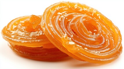 Fototapeta premium Delicious orange colored sweets stacked against white background spiral shape and shiny texture