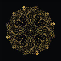 Ornate Golden Mandala Illustration on Black Background Symmetrical Design and Intricate Gold Details
