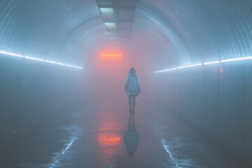 Figure walking through mysterious, foggy corridor with glowing lights and reflective floor creating an abstract atmosphere