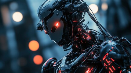 Fototapeta premium High-tech robot soldiers with cables through their limbs, power systems and attached weapons, background wallpaper AI generated image