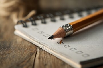 Wooden pencil rests on a spiral notebook page with marked checklist box, sitting on rustic wooden planks