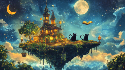 Enchanted Realm: A magical floating castle bathed in the ethereal glow of a celestial night sky, where the moon and stars dance alongside mysterious cats, an open book and a mysterious scene.
