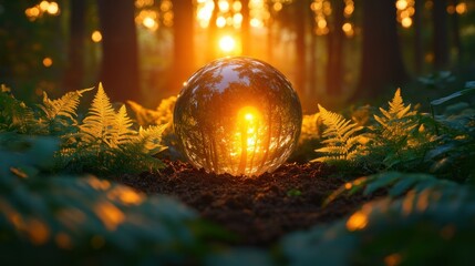 Crystal ball in forest at sunset