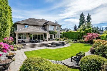 Elegant American Estate: Luxury House Exterior with Stunning Backyard Landscape Design