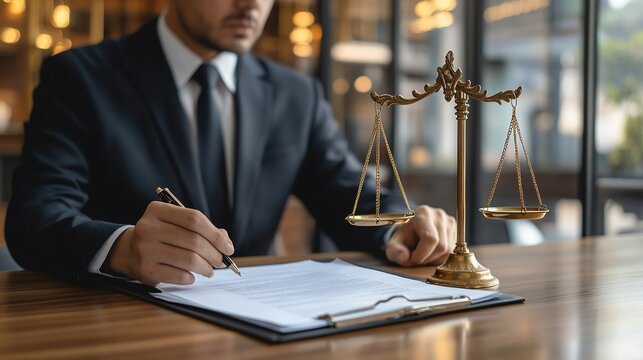 Legal professional reviewing documents at a desk, with a scale of justice in the foreground