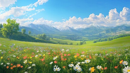 Fototapeta premium 高原の花畑と山々 – 爽やかな夏の自然風景
