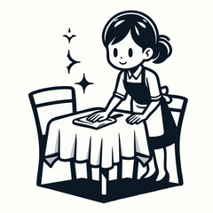 the restaurant waiter is wiping the table