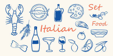 Hand drawn italian food set in doodle style. Chalk crayon sketch dish with pizza, pasta, bottle wine, olive, tomato, lobster, italy ingredients. Charcoal collection of dinners for menu. Vector illustr