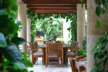 Charming Meeting Room with Wooden Furnishings and Lush Greenery for Relaxed Gatherings