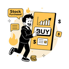 a happy man purchasing stocks on a mobile app, in a modern Stock Market flat vector illustrations