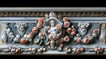 A Decorative Marble Relief with Flowers and a Classical Sculpture