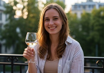 Woman toasts with wine on a balcony at sunset. Trees and buildings backdrop
