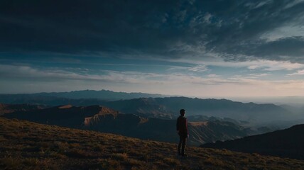 Fototapeta premium Person Standing on a Mountain Overlooking a Landscape