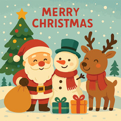 Merry Christmas Santa Snowman Reindeer Print Design in Vector