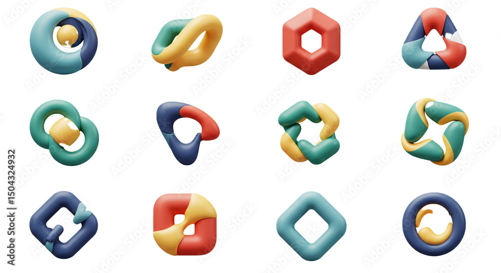 Poster collection of colorful abstract 3d shape renderings for modern design applications and creative visu