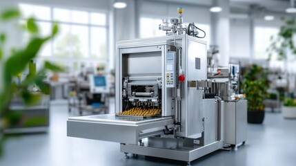 Automatic blister packaging machine sealing tablets in pharma plant,