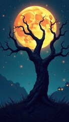 Dark, gnarled dead tree silhouette, full moon, Halloween backdrop , monochrome, halloween backdrop