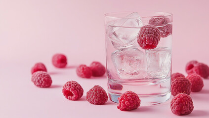 A glass of water with ice and raspberries on a pastel-colored background, in a pink hue, suitable for advertising or menu design
