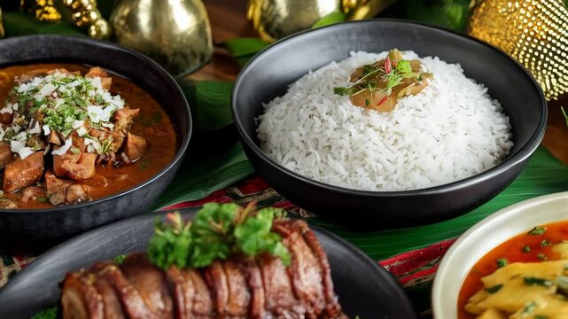 Festive pork belly roast, stewed meat dish, rice bowl, and vegetable soup on a table setting with vibrant patterned runner.