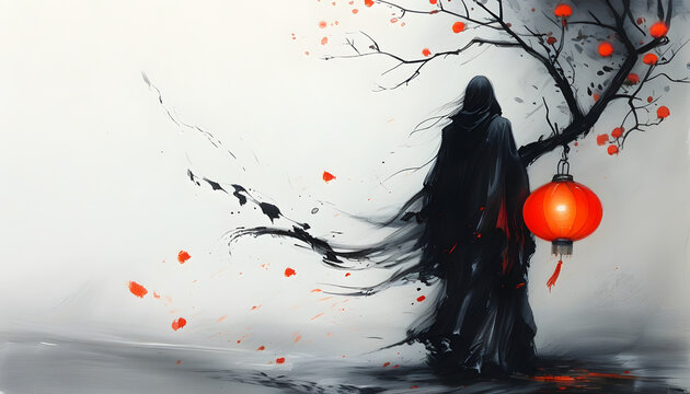 Silhouette of a Woman with a Red Lantern