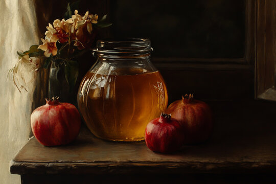 A jar of honey with apples and pomegranates next to it, symbolizing the joyous atmosphere during Rosh Hashanah (the Jewish New Year) - Powered by Adobe