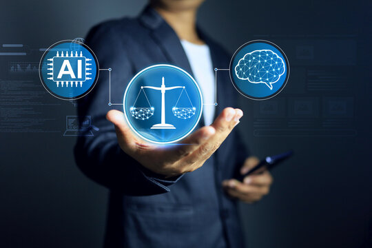 AI ethics concept with businessman holding weight balance to use AI help create or generate the art but they must also consider ethical considerations so as not to infringe on the copyrights of human