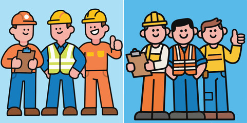 Six cartoon construction workers wearing vests and helmets are grouped in two sets of three.