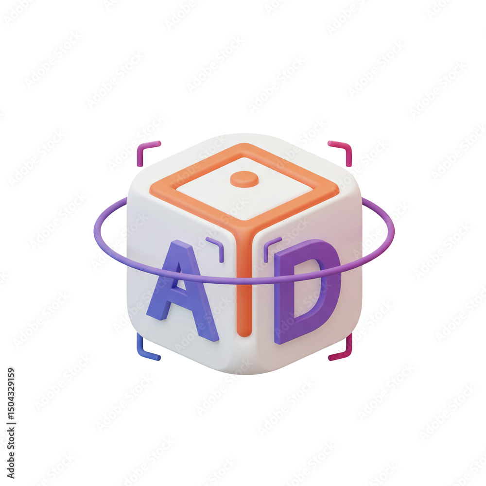 Poster a captivating 3d rendering of a stylized cube with vibrant letters, creating a visually appealing co
