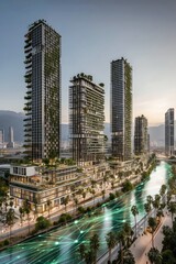 Obraz premium Stylized city skyline with modern buildings and a waterfront view.