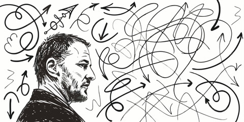 Man profile surrounded by abstract arrows and scribbles