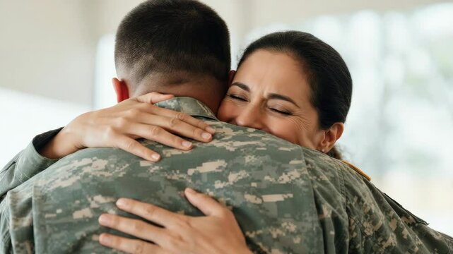 Emotional reunion of female civilian and male soldier in military uniform