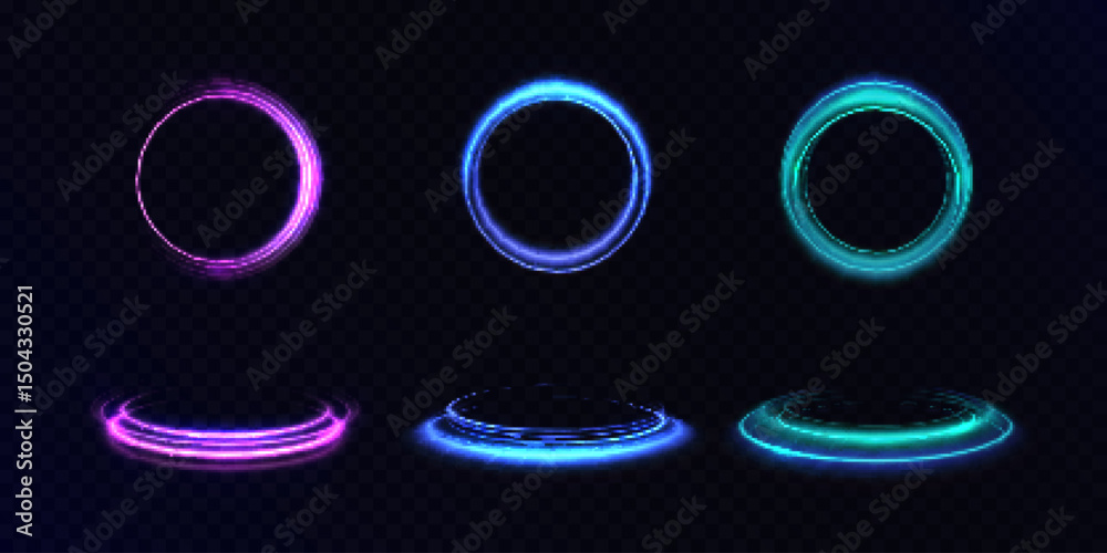 Leinwandbilder Bright light rings circles with neon effect. Round frame light effect on black background. For web design and illustrations