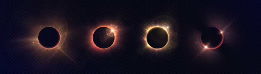 Obraz premium Set of glowing sun rings with lens flares and light halos on dark background. Realistic solar eclipse effects for overlays, design accents or astronomical visuals.