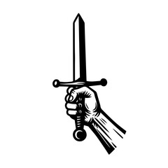 Hand holding sword or dagger medieval weapon, vector illustration.