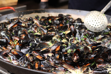 Mussels with parsley and sauce in a large frying pan. Food court. Street food. Mussels with shells cooked with herbs in a frying pan. Mussels cooked in sauce at a street market. Cooking a seafood dish