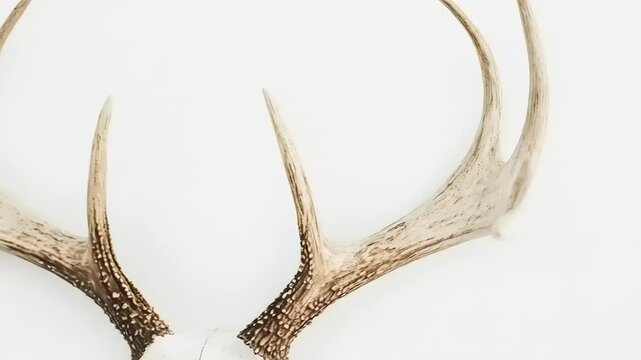 Isolated close up of a deer skull antlers against a stark white background